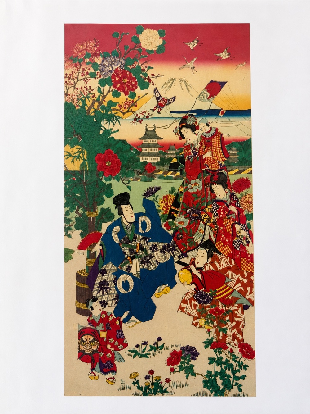 Two Manzai Dancers and Kite Flying Women and Children at the New Year